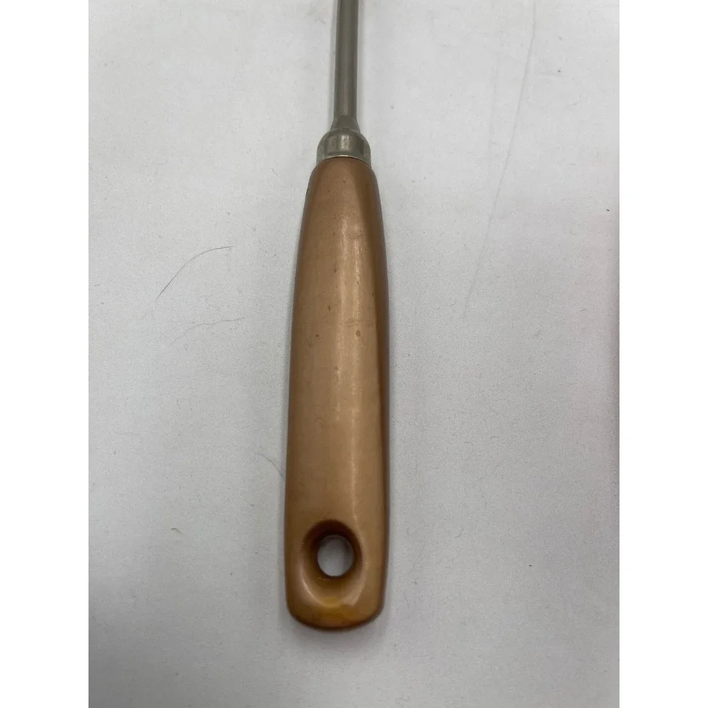 Vintage Slotted Serving Spoon USA Tan Gold Handle Stainless Steel Leaf Pattern